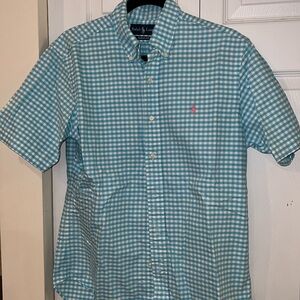 Ralph Lauren blue and white checker button down collared short sleeve shirt